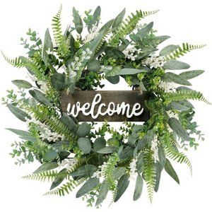 Green Artificial Eucalyptus Wreath with Welcome Sign 20in Mixed White Berries